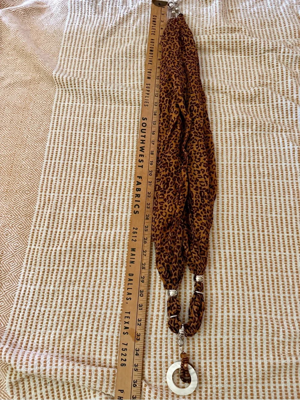 Leopard Print Scarf Necklace with Shell Pendant